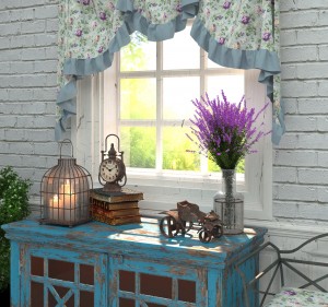 Provence style in interior. The composition by the window with lavender and antiques. 3D rendering.